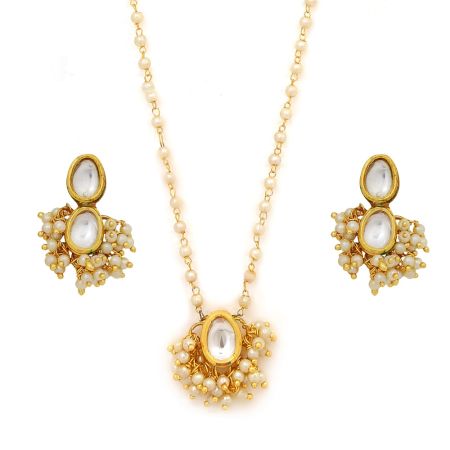 Gold Tone Kundan Double Oval Pendant Necklace & Earring Set with Pearl Tassels